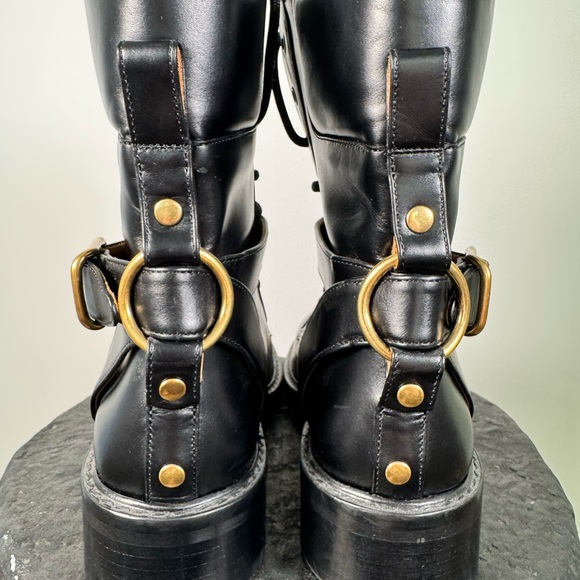 Chloe Diane Black Leather Lace up Combat Boots with Gold Buckle Size 9 - Picture 11 of 12